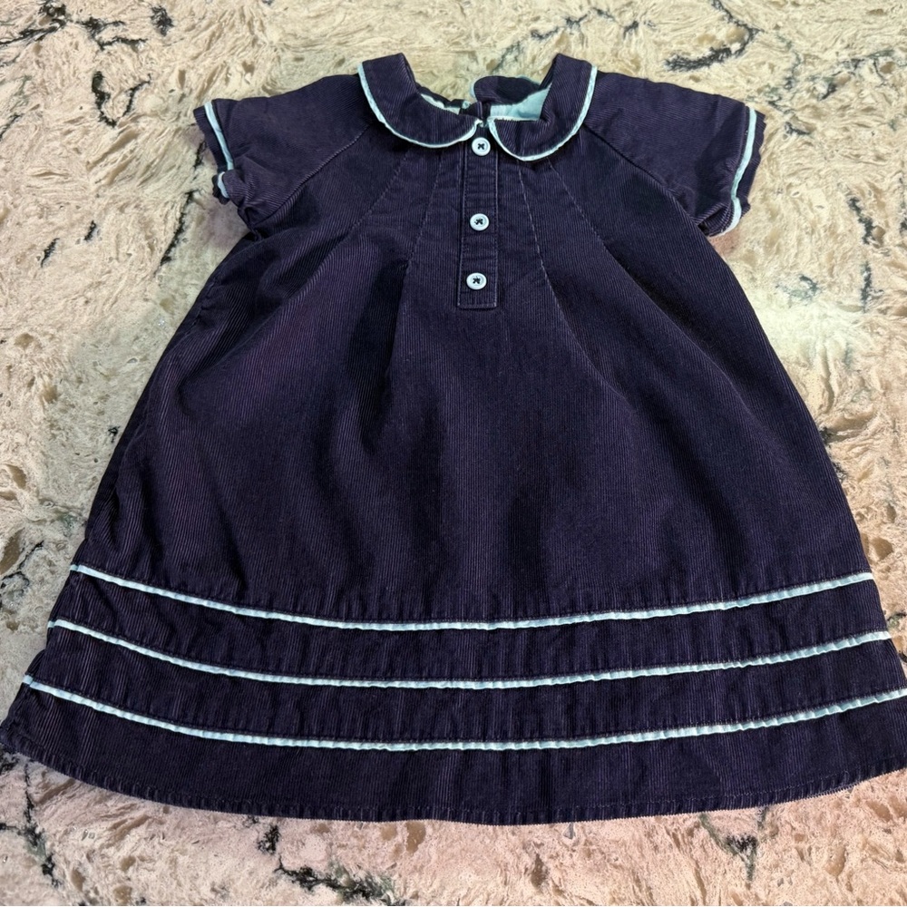 Baby Boden Navy and Light Blue Corduroy Lined Dress with Peter Pan Collar